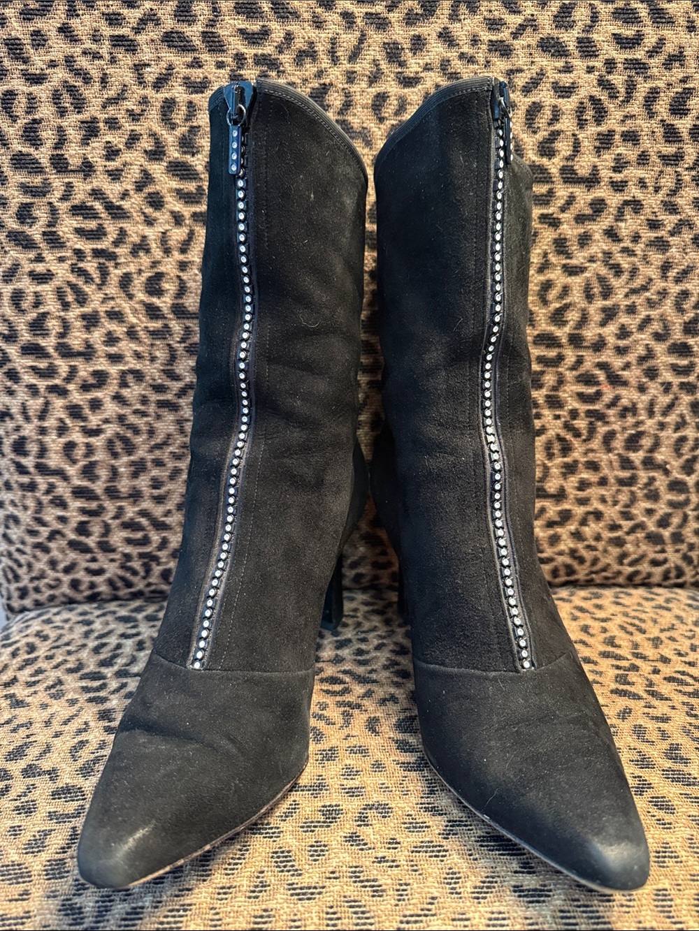 St. John (Knit) Black Suede Mid-Calf Zip Boot with Rhinestone Trim